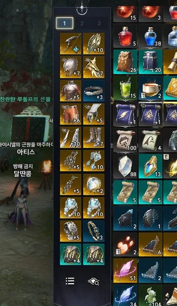 인벤토리 내 PVE 및 PVP 장비가 섞여 있는 화면