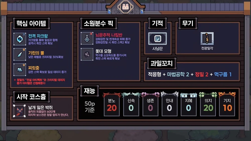 50포인트 투자 기준 분노, 의지, 기지의 배분과 크리티컬 확률 확보에 대한 안내